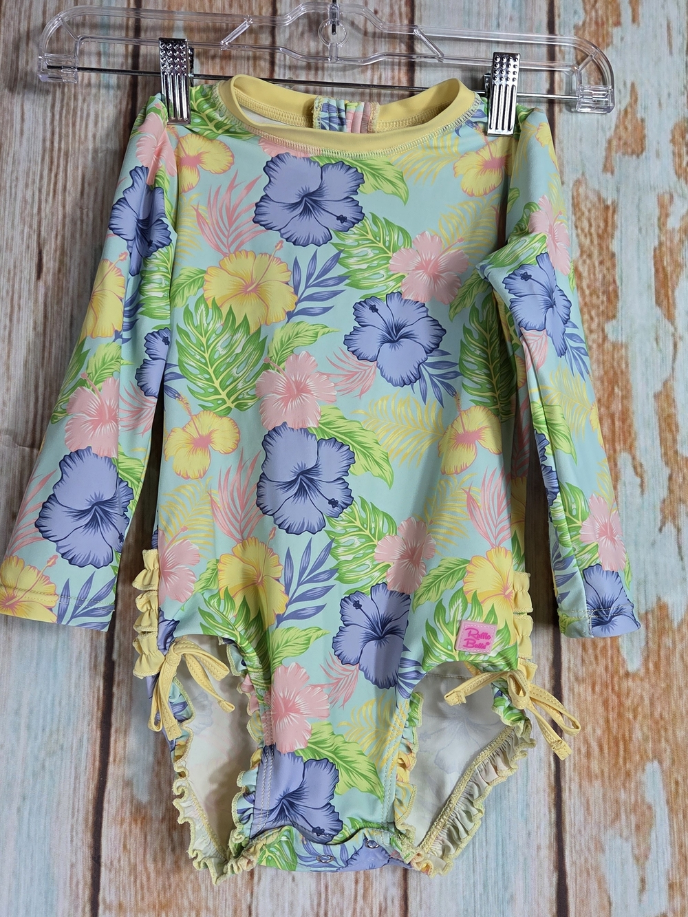 Ruffle Butts Pastel Floral Long-Sleeve One-Piece Swimsuit/rashguard. Size 3t